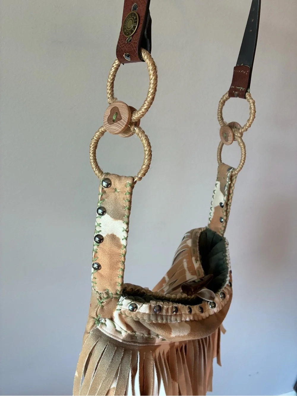 Boho Fringe Shoulder Bag – Tan, Cream & Hunter Green
